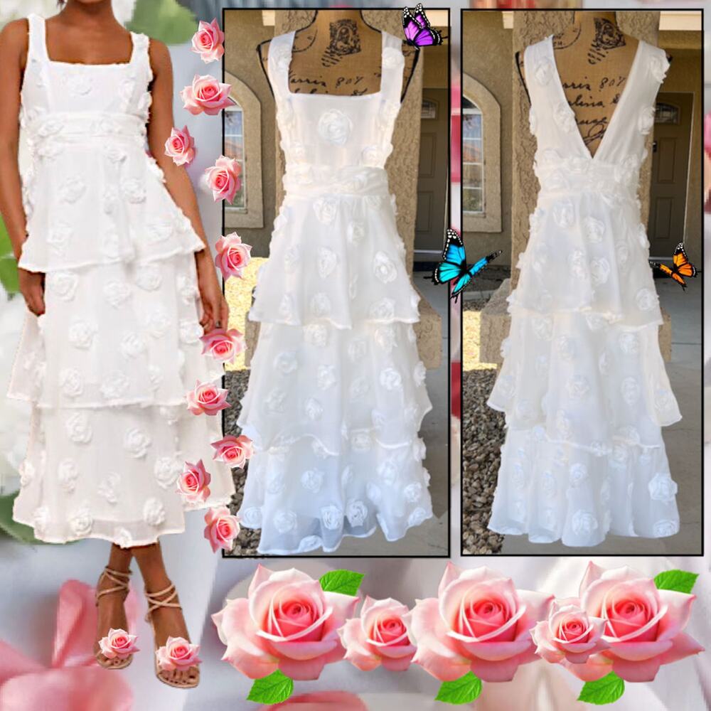 Lulus White Sleeveless Tiered Exceptional Entrance Rosette Midi Dress Size M